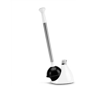 Simplehuman Toilet Plunger with Holder, Toilet Plunger and Holder Set, Magnetic Drip-Free Cover, Narrow Flange for Modern Low-Flow Toilets, Hidden Dome Storage, Stainless Steel, White