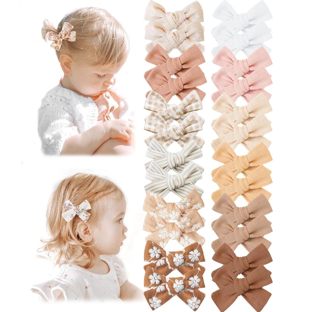 Niceye Baby Hair Clips - 24 Pcs Fully Lined Hair Bow Clips for Fine Hair Cotton Tiny Hair Barrettes for Infants, Toddlers, and Little Girls (Brown)