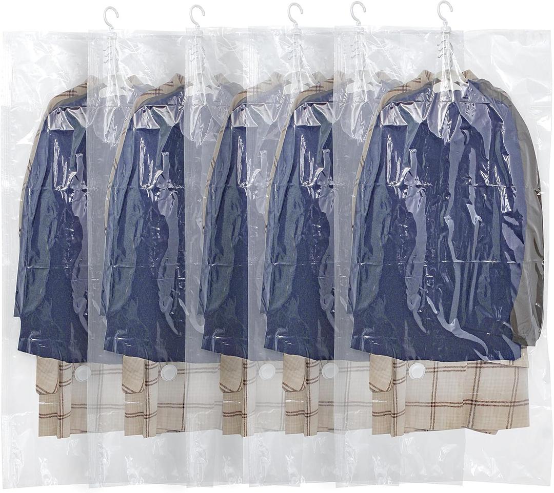 Hanging Vacuum Storage Bags,Hanging Vacuum Sealer Storage Space Saver Bags for Clothes, Suits, Coats, Dresses or Jackets, Reusable Compressed Vacuum Bags Closet Organizers,Long 5 Pack(53.1x27.6in)