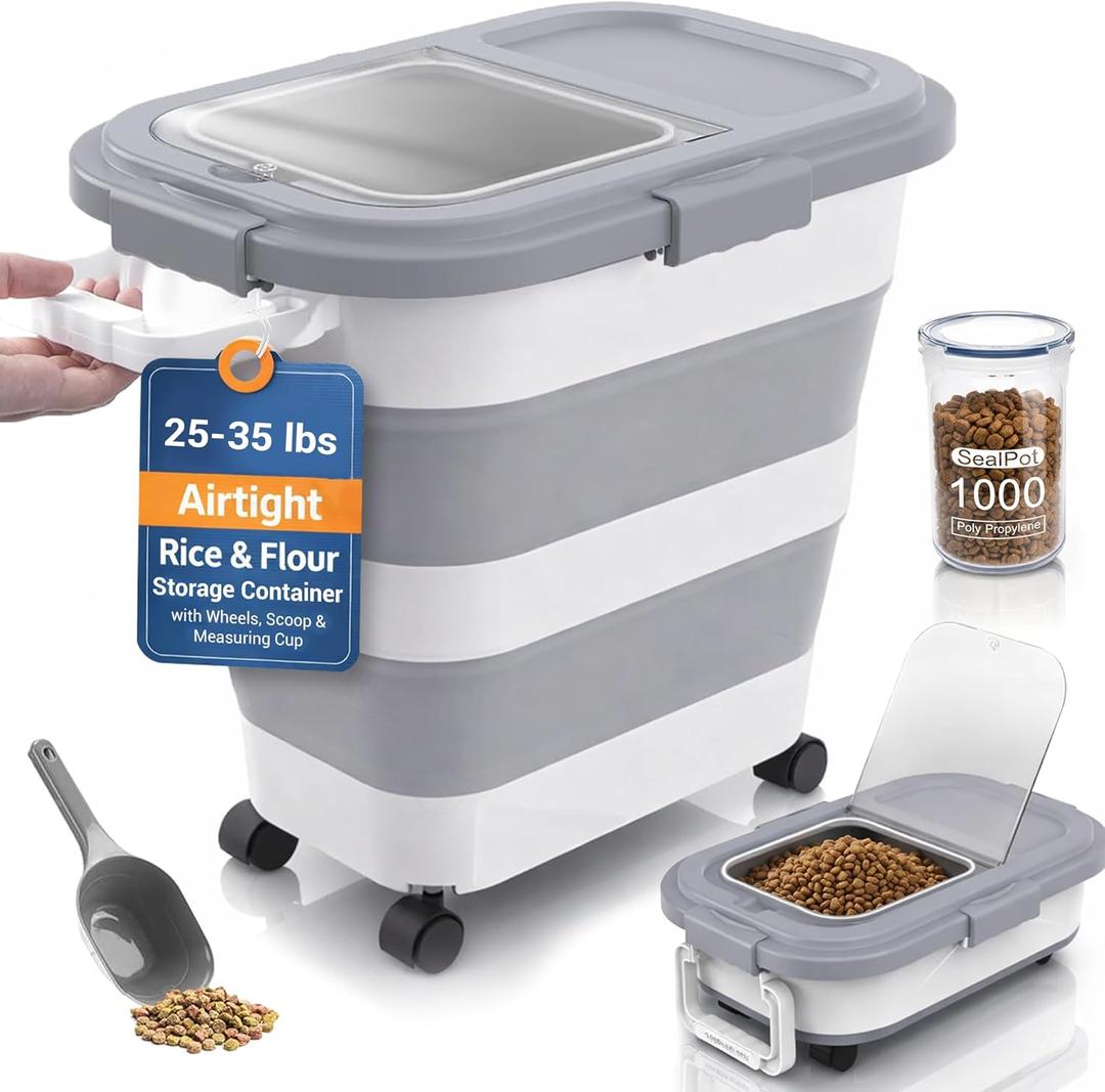 Home & Hearthly Collapsible Rice Storage Container 2535 lbs, Airtight, Space-Saving Food Storage Bin with Wheels and Measuring Cup, Easy-Pour Grain Dispenser for Rice, Flour and Pet Food