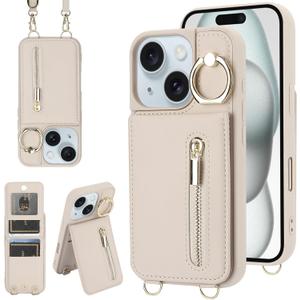 Crossbody Wallet Case for iPhone 13/14 with Lanyard Strap Card Slot Holder RFID Blocking Ring Kickstand,Magnetic Flip Folio Zipper Purse Case, PU Leather Cover Handbag,Beige