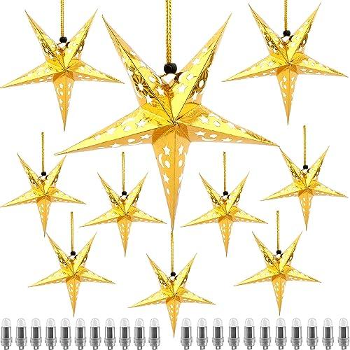 12 Pieces Christmas Paper Star Lanterns Light Up 5-Pointed Star Lamp Shade with 22 Led Light Star Paper Lantern Hanging Decorations for Christmas New Year Birthday Wedding Party (Gold)