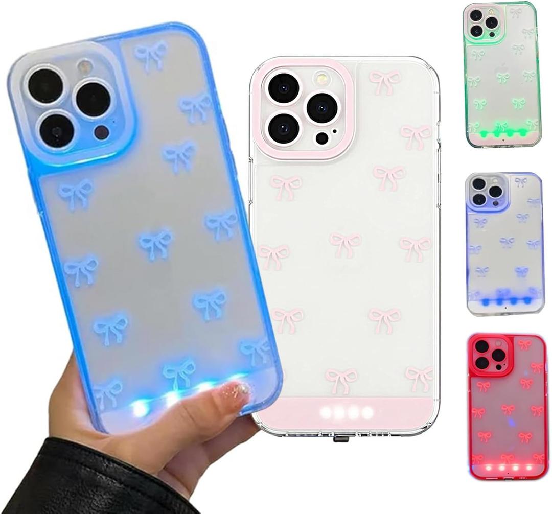 Vibrant LED Bowknot Phone Case, Built-in LED Phone Case, Incoming Call Flash Light Up Phone Case for iPhone 13/14/15/16/17 Pro/Plus/Pro Max (Pink, iPhone 15 pro)