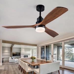 BOJUE 52 Inch Ceiling Fans with Lights and Remote Control, Mordern Ceiling Fan with 3 Wood Blade for Living Room, Bedroom (Black Ceiling fan+ Walnut Blades)