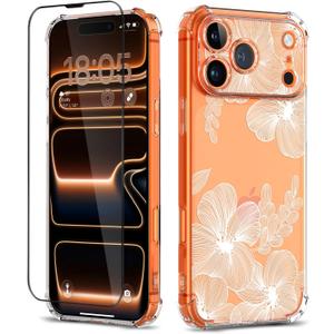 for iPhone 17 Pro Case with Screen Protector [Full Camera Protection] Flower Pattern Design,Clear Soft Shockproof Floral Phone Cover for Women Girls 2025 6.3"(Flower-2/White)
