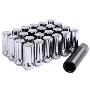 Set of 24, 14mmx1.5 7 Spline Wheel Lug Nuts for 6 Lug Aftermaket, Conical Bulge Seat, Closed End W/ 1 Socket Key, Silver
