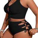 SOLY HUX Women's Plus Size Bikini Set Sexy Swimsuit Lace Up Tummy Control 2 Piece Bathing Suit (Black, XL)