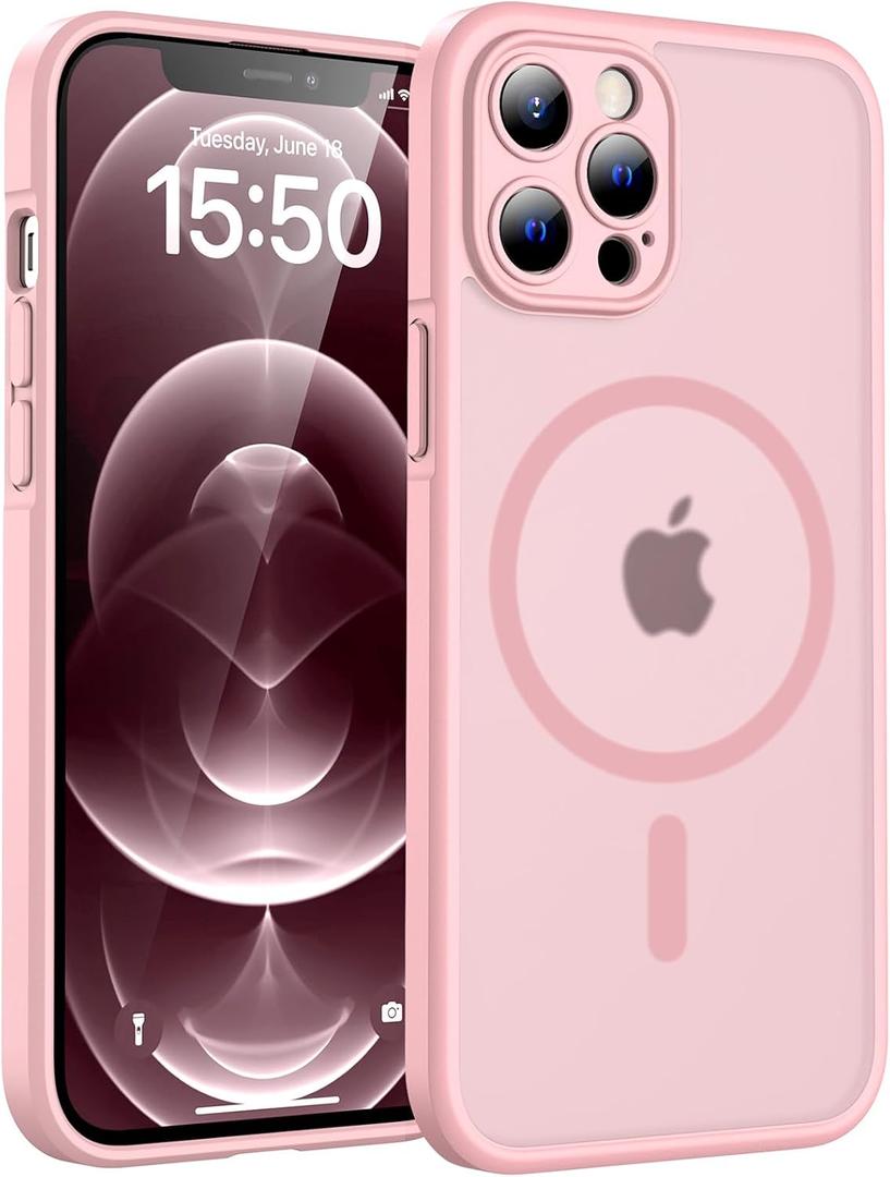 TOCOL Magnetic for iPhone 12 Pro Max Case, Upgraded Full Camera Protection, Compatible with Magsafe, Drop Protection, Translucent Matte Back Bumper Phone Cover 6.7-InchPink