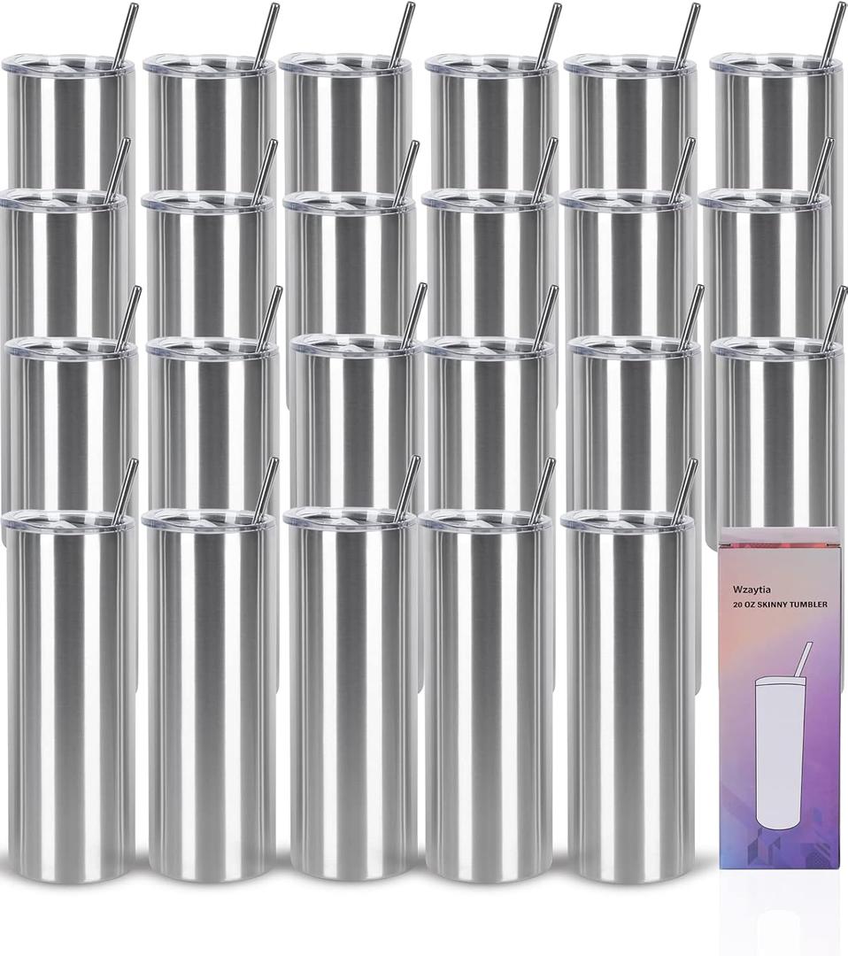 24 Pack 20 Oz Stainless Steel Straight Tumblers, Insulated Slim Skinny Travel Cup Set, BPA-Free Lids and Straws Included, Silver