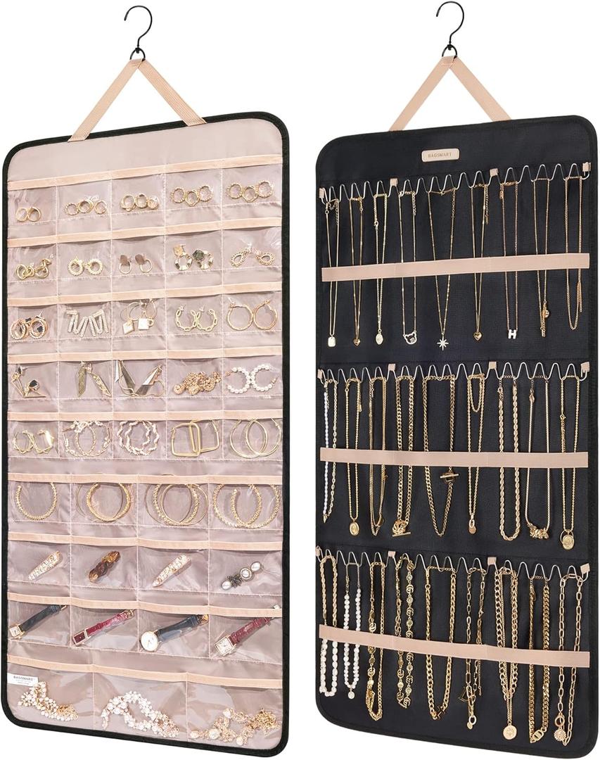 BAGSMART Hanging Jewelry Organizer Storage Roll with Hanger Metal Hooks Double-Sided Jewelry Holder for Earrings, Necklaces, Rings on Closet, Wall, Door, 1 piece, Extra Large, Black