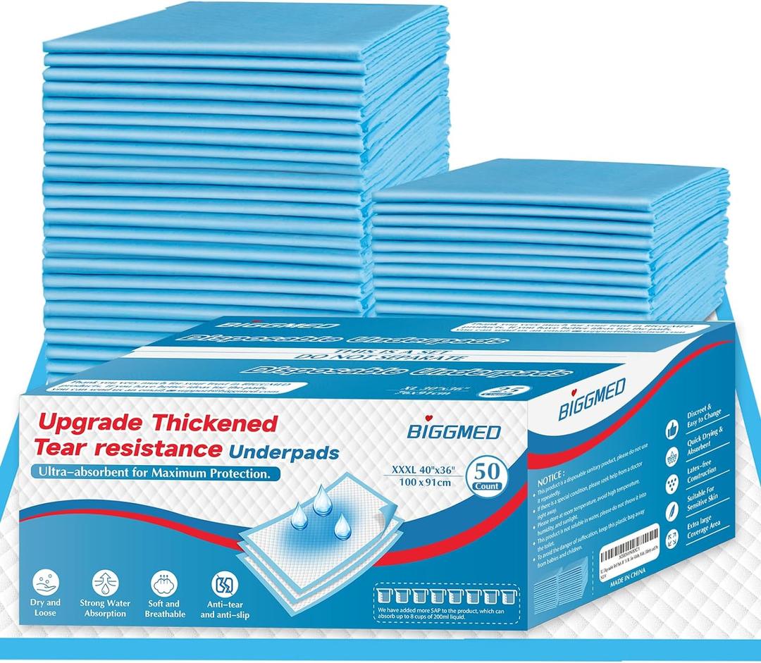 Tear-Resistant Incontinence Bed Pads 40'' x 36'' (50 Count ) with 130 Gram Heavy Duty Disposable Underpads Chucks Pads for Adults, Kids & Elderly | Protection Pads for Bed, Sofa, and Chair (40"x36"- 50 Count (Tear-resistant))