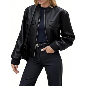 Women Leather Jacket Faux Cropped Bomber Coat Cute Short for Casual Vacation Travel College Going Out Classy Outfit (Charcoal Black)