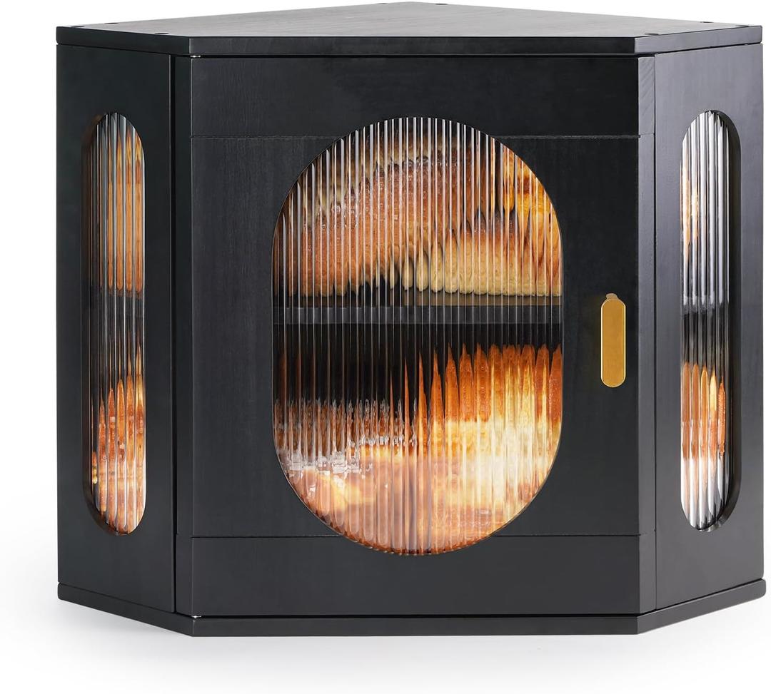 Sunhoo Bread Box for Kitchen Countertop Corner Bread Storage Wooden Breadbox Container 2 Layer Bread Holder Keeper Large Farmhouse Bread Bin Shelf for Homemade Pantry Vintage Acrylic Window(Black)