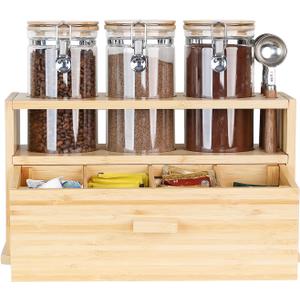 KKC HOME ACCENTS Coffee Tea Bar Station Organizer with Airtight Glass Canisters for Countertop,Bamboo Coffee Bar Organization with Sealed Containers for Coffee Beans and Pods,Loose Tea,Tea Bag,Style A KKC HOME ACCENTS Coffee Tea Bar Station Organizer with Airtight Glass Canisters for Countertop,Bamboo Coffee Bar Organization with Sealed Containers for Coffee Beans and Pods,Loose Tea,Tea Bag,Style A