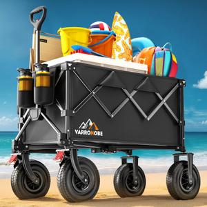 Big Rubber Wheels Beach Wagon Cart Foldable, 9x3 All-Terrain Wheels, Heavy Duty Collapsible Utility Wagon with 330lbs Capacity, Compact Storage, Easy Transport for Sand Camping Sports, Black (180L)