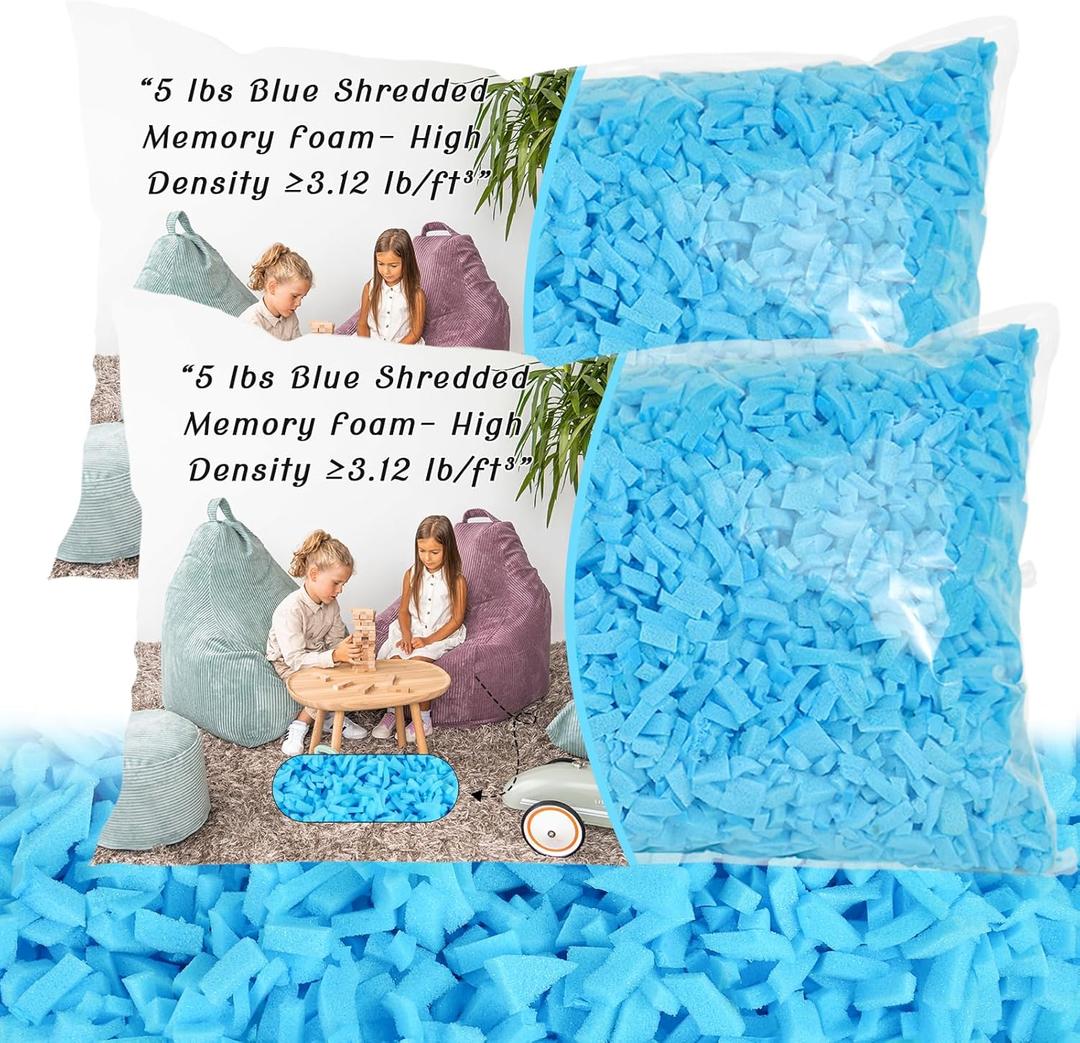 Bean Bag Filler - 10lbs Shredded Memory Foam Filling, High Density 3.12 lb/ft, Blue Pillow Stuffing for Bean Bag Chair, Couch Cushion, Dog Bed, Stuffed Animals, DIY, Non-Toxic & Hypoallergenic