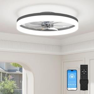 VOLISUN Low Profile Ceiling Fans with Lights and Remote, 23.6in Fandelier Ceiling Fan with Light, 3000K-6500K Dimmable Bladeless LED Fan Light, Black Flush Mount Ceiling Fans with Lights for Bedroom