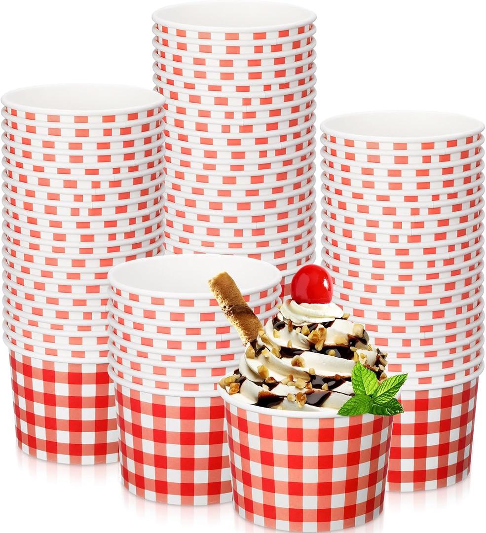 Sieral 9 oz Ice Cream Paper Cup Bowl Disposable Gingham Picnic Dessert Buffalo Plaid Snack Checkered Paper Cups Bulk Hot Cold Food Kitchen Holiday Dinner Party Favors(Red,50 Pack)