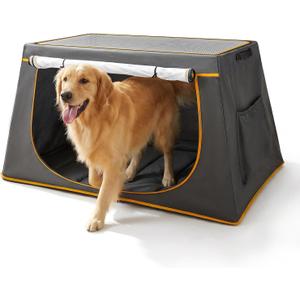43 Inch Collapsible Travel Dog Crate for Medium Large Dogs, Portable Travel Kennel with Storage Pocket, Mesh Windows for Indoor & Outdoor Travel, 43.3 L x 24 W x 16.14 H, Dark Grey