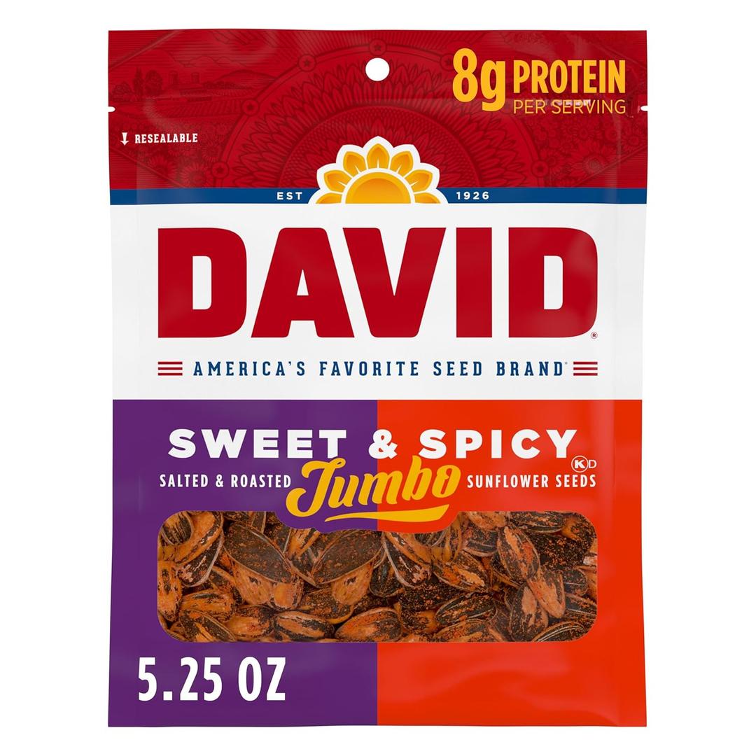 DAVID Jumbo Sunflower Seeds, Sweet and Spicy Flavor, Easter Basket Stuffer for Baseball Players, 5.25 oz. (5.25 Ounce (Pack of 1))