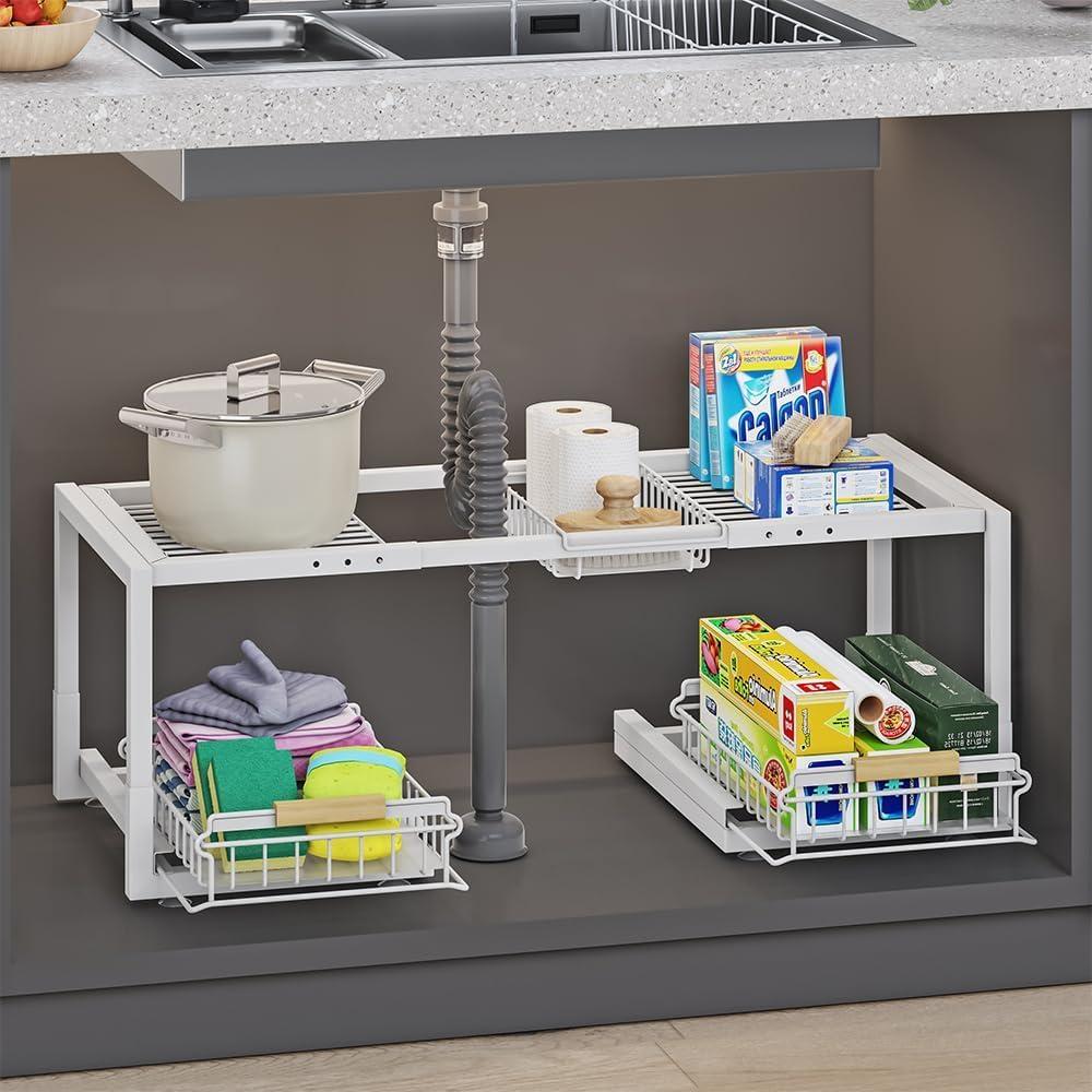 Under Sink Organizer,Pull Out Storage Organizer,2 Tier Sliding Sink Organizer Under Cabinet For Kitchen, Bathroom ((27.16-31.88)"Dx14.17"Wx11.22"H, White)