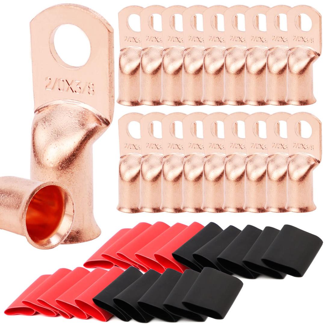 TKDMR 20pcs 2/0 AWG-3/8 Battery Lugs,Heavy Duty Wire Lugs,Ring Terminals,Battery Cable Ends,00 Guage terminals,Battery Terminal Connectors with 20pcs 3:1 Heat Shrink Tubing