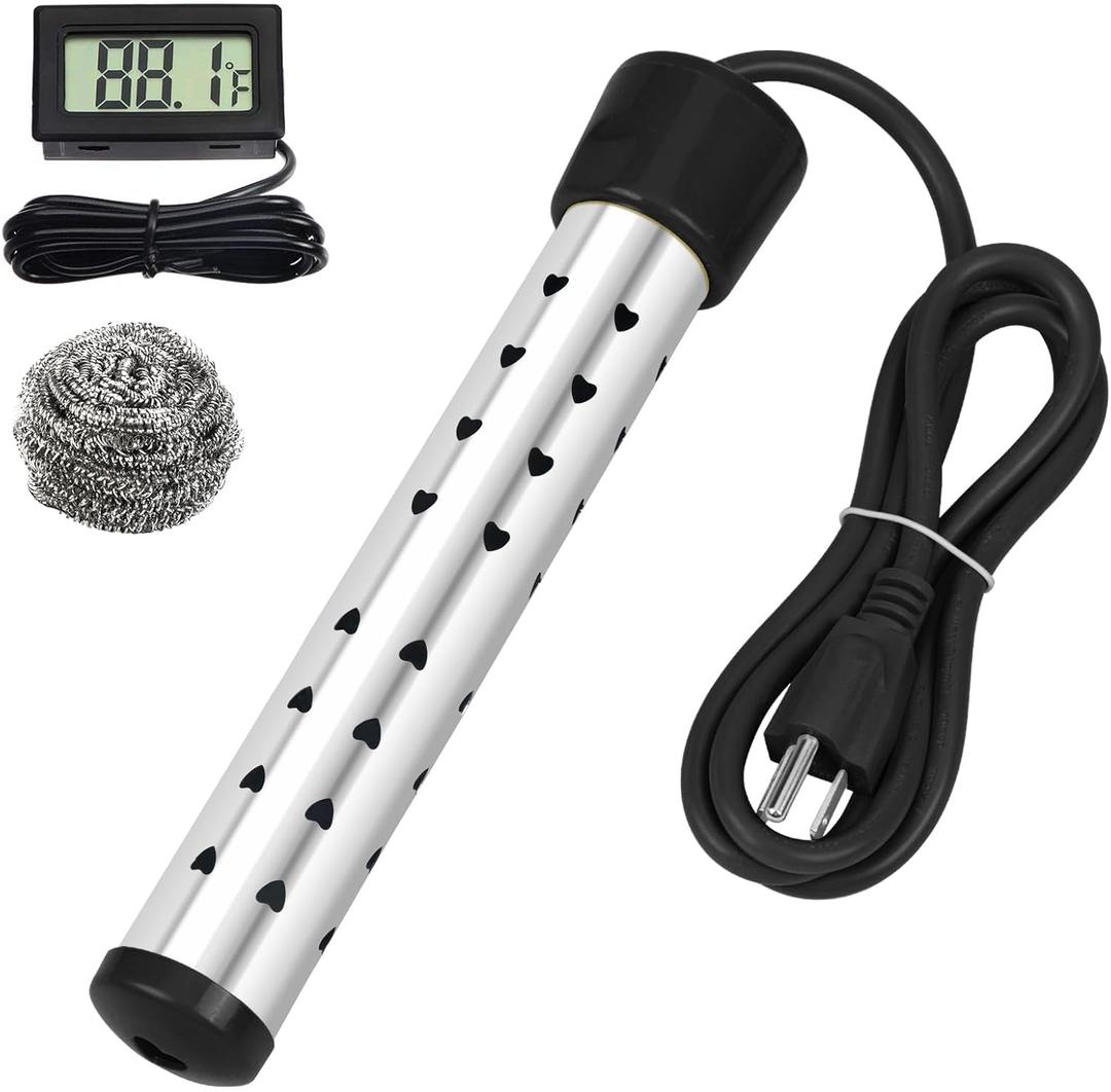 1500W Immersion Water Heater with Digital LCD Thermometer & Stainless Steel Guard - Fast Heating for Bathtub, Travel Camping Mini Pool, Container| Safe & Portable Heat 5 Gallons of Water in Minutes (Black)