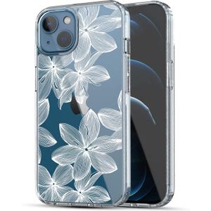 RANZ Compatible with iPhone 13 Case, Anti-Scratch Shockproof Series Clear Hard PC+ TPU Bumper Protective Cover Case for iPhone 13 (6.1") - White Flower