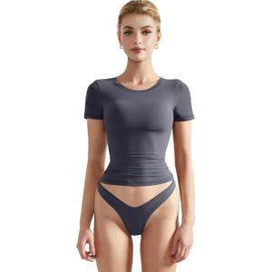 SUUKSESS Women Double Lined Fitted Basic Tee Crew Neck Short Sleeve Y2K Crop Top (Medium, Ash)