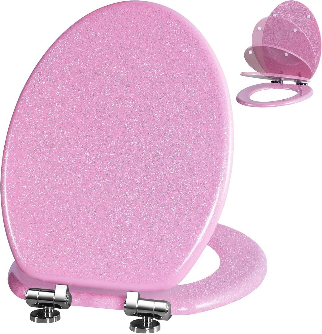 Angol Shiold Glitter Toilet Seat Molded Wood Elongated Toilet Seat with Quietly Close and Quick Release Hinges, Easy to Clean also Easy to Install (Elongated 18.5'', Pink)