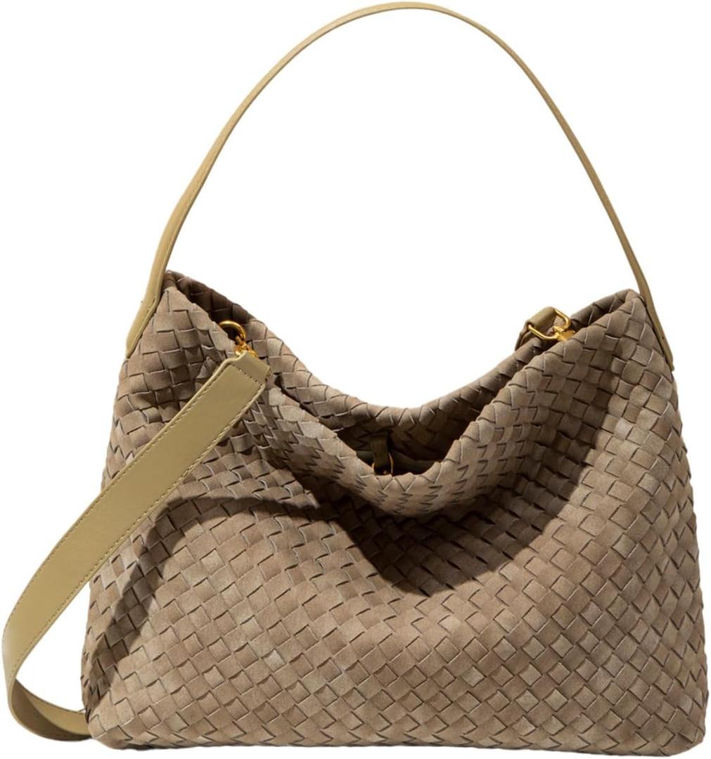 Women's Braided Leather Tote Bag Stylish Suede Hobo Shoulder Bag with Woven Details (Pine Tea)