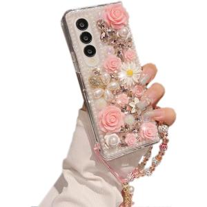 for Samsung Galaxy Z Fold 6 5G Case,Luxury Crystal Rhinestone Flowers Glitter Diamond Pearl Cover Case with Flower Strap for Galaxy Z Fold 6 for Girls Women (Pink)