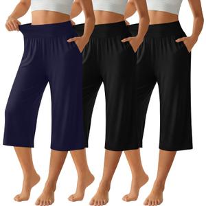 Neer 3 Pack Women Capri Pants Wide Leg High Waist Crop Lounge Sweatpants Loose Summer Casual Workout Pants with Pocket (Black, XL)