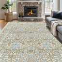 Vintage Beige Blue Living Room Rug, 9x12 Washable Area Rugs for Dining Room Under Table, Soft Low Pile Large Carpet Bedroom, Non-Slip Boho Floral (9 x 12 Beige Blue)