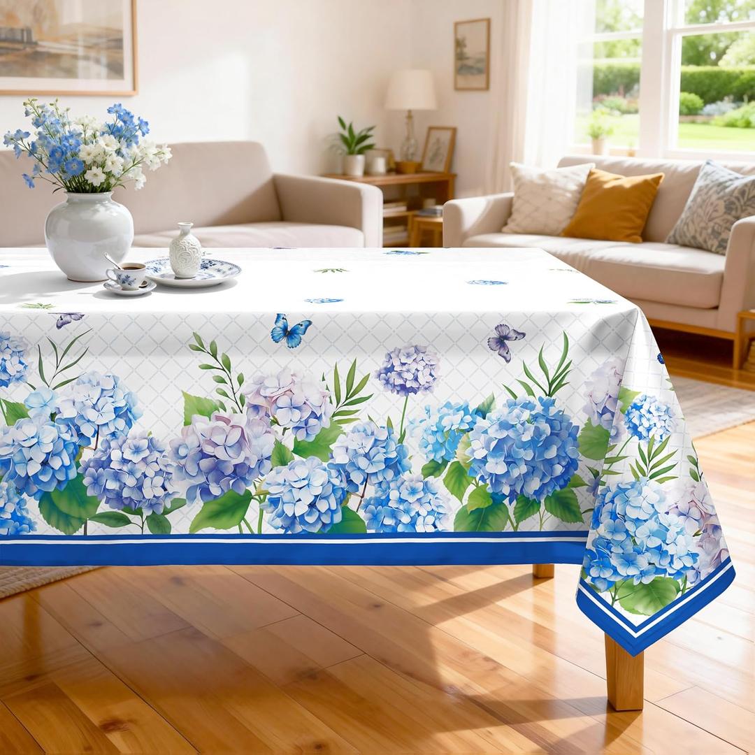 Hydrangea Floral Tablecloth Waterproof, Blue Flower Butterfly Table Cloth Rectangle Stain Resistant, Washable Table Cover for Home Kitchen Dining Party Decoration (5570 Inch)