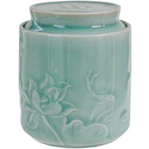 Ceramic Storage Jar with Lid, Embossed Floral Design, Olive Green, Kitchen Container