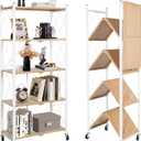 5-Tier Foldable Storage Shelves with Wheels, Folding Metal Shelf Unit, Folding Bookshelf no Assembly, Collapsible Shelves for Craft Shows for Kitchen, Bedroom, Living Room, Natural