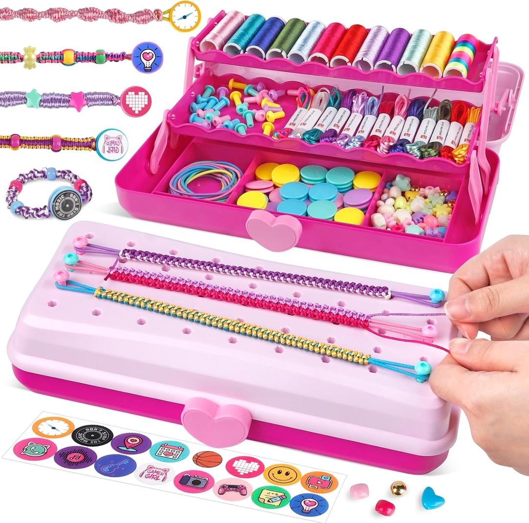 Friendship Bracelet Making Kit with Storage Box,DIY String Bracelet Arts and Craft for Girls Aged 8-12,Kids' Travel Activity Toy Set,Easter Birthday Gifts for Ages 6 7 8 9 10 11 12 Year Old Rose