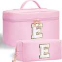 initial makeup bag, 2pcs initial makeup cosmetic toiletry bags for women girls, Leather custom monogram personalized cosmetic bag, Birthday Gifts for 4 5 6 7 8 9 10 11 12 Year Old (E)