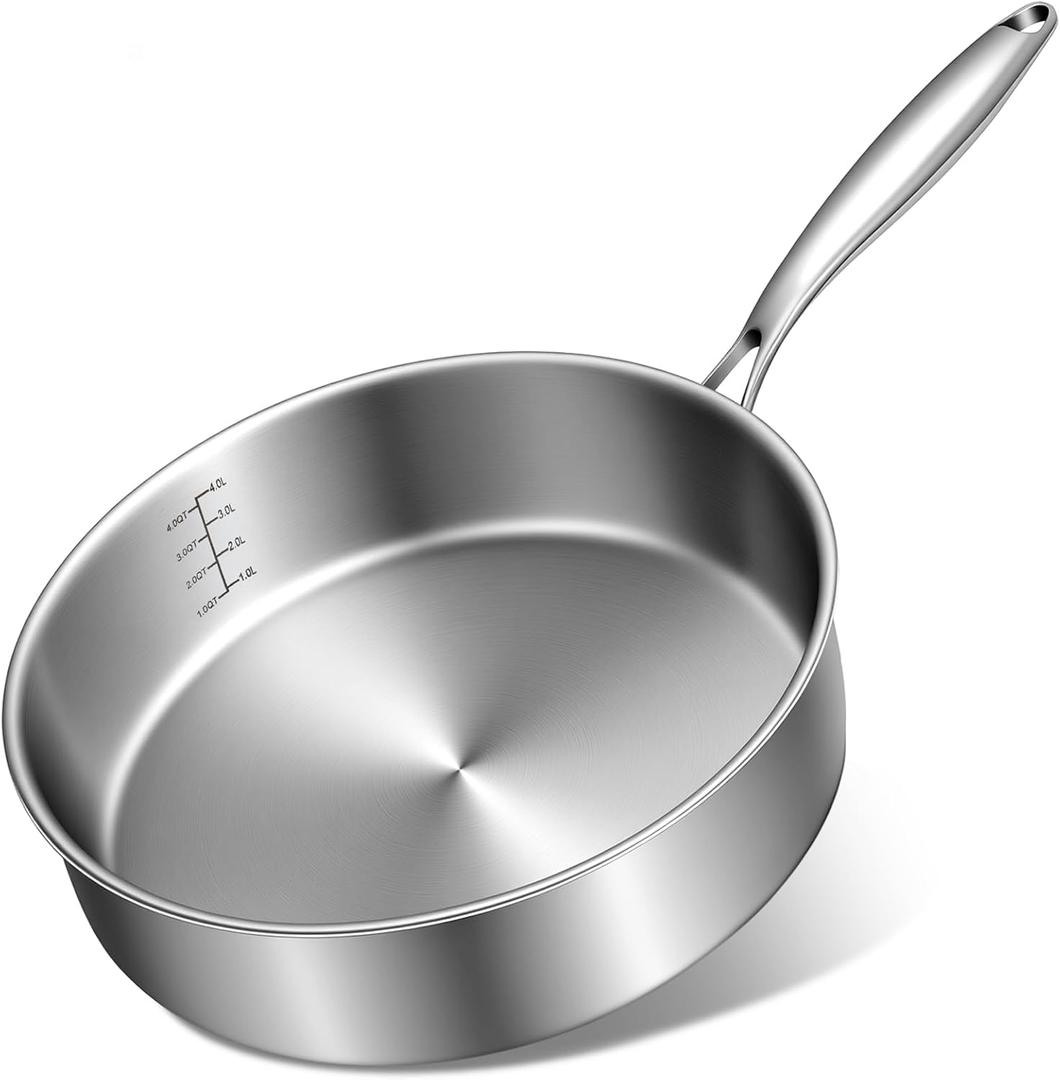 EWFEN 12 Inch Tri-Ply Stainless Steel Frying Pan, Compatible with All Cooktops Up to 600, Large Frying Pan Induction-Ready Skillet, Dishwasher and Oven Safe, Even Heat