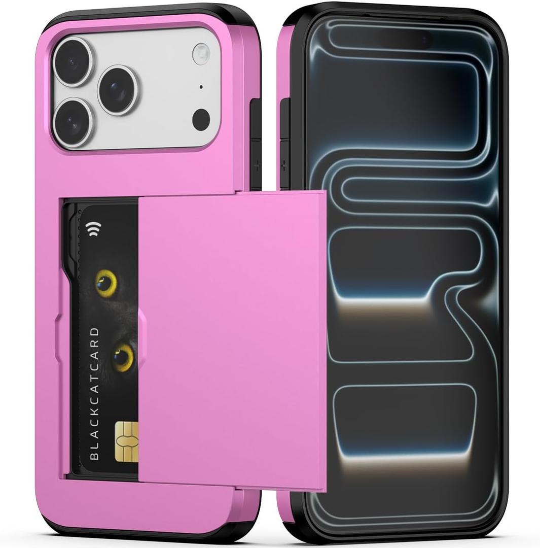 Nvollnoe Compatible with iPhone 17 Pro Max Case with Card Holder Dual Layer Heavy Duty Protective Shockproof Hidden Card Slot Slim Wallet Phone Case for Women&Men 6.9 inch(Hot Pink)