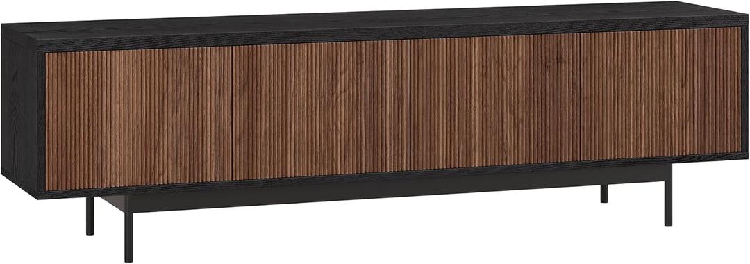 Henn&Hart Fluted TV Stand for TVs up to 75" with 2 Open-Concept Ribbed Storage Cabinets for Living Room, Family Room, or Office, Black/Satin Walnut