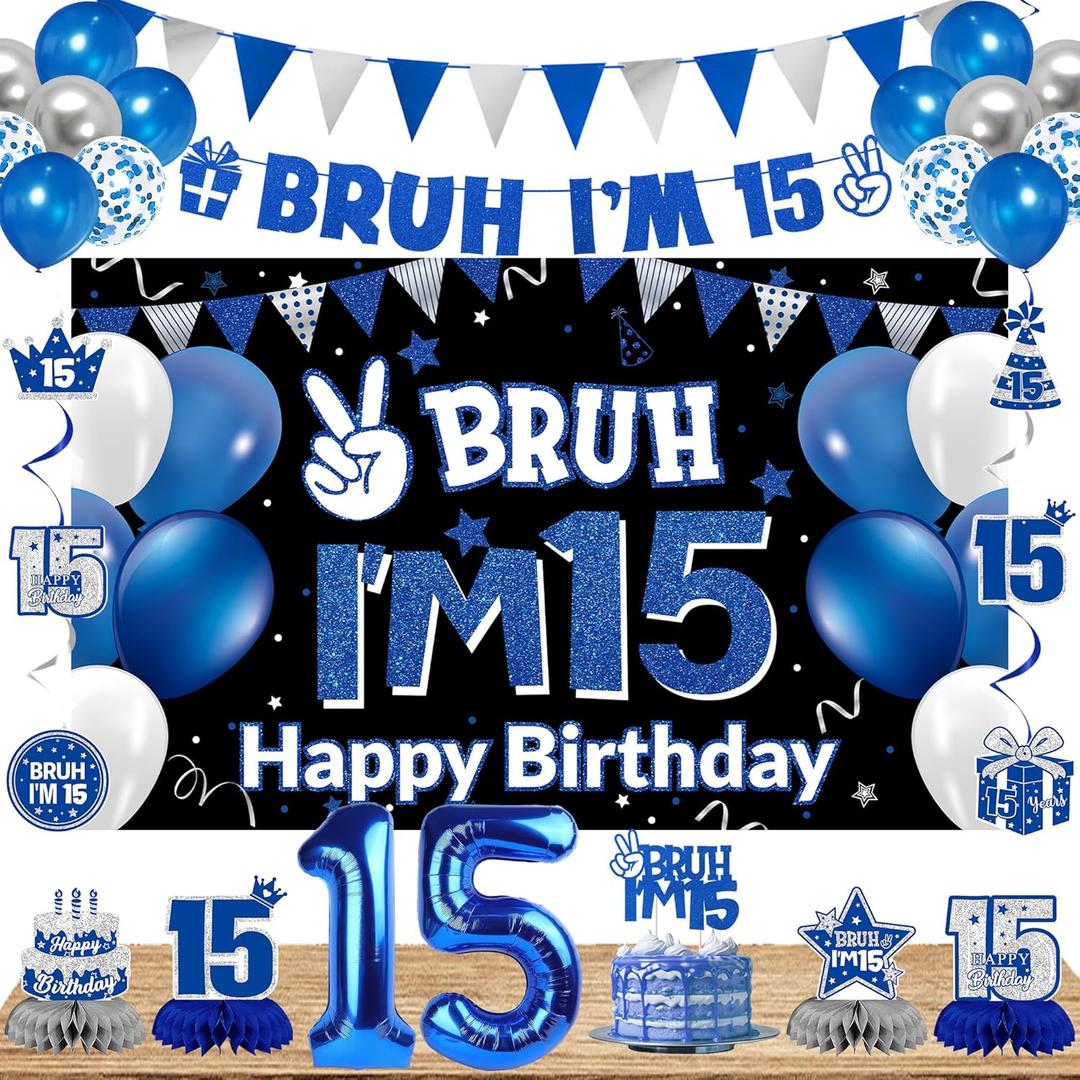 DARUNAXY 15th Birthday Party Decorations for Boys Girls, Blue Bruh Im 15 Banner, 15 Number Balloons & Cake Topper, Sweet 15 Years Old Birthday Honeycomb Hanging Swirls Party Supplies