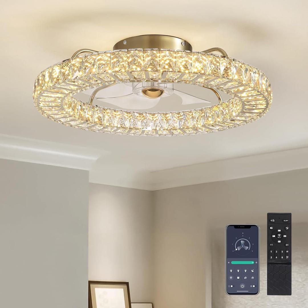 22" Low Profile Flush Mount Ceiling Fan, Ceiling Fan with Light and Remote, Dimmable Fandelier with Crystal Lampshade, Bladeless Enclosed Fan Light-Gold