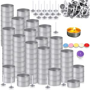 WFPLUS 100 Pcs Aluminum Tea Lights Cups, Empty Case Candle Wax Containers, Metal Tea Light Tins with 100 Pcs Candle Wicks Packaged in Carton Box, Candle Mold for DIY Candles Making Supplies