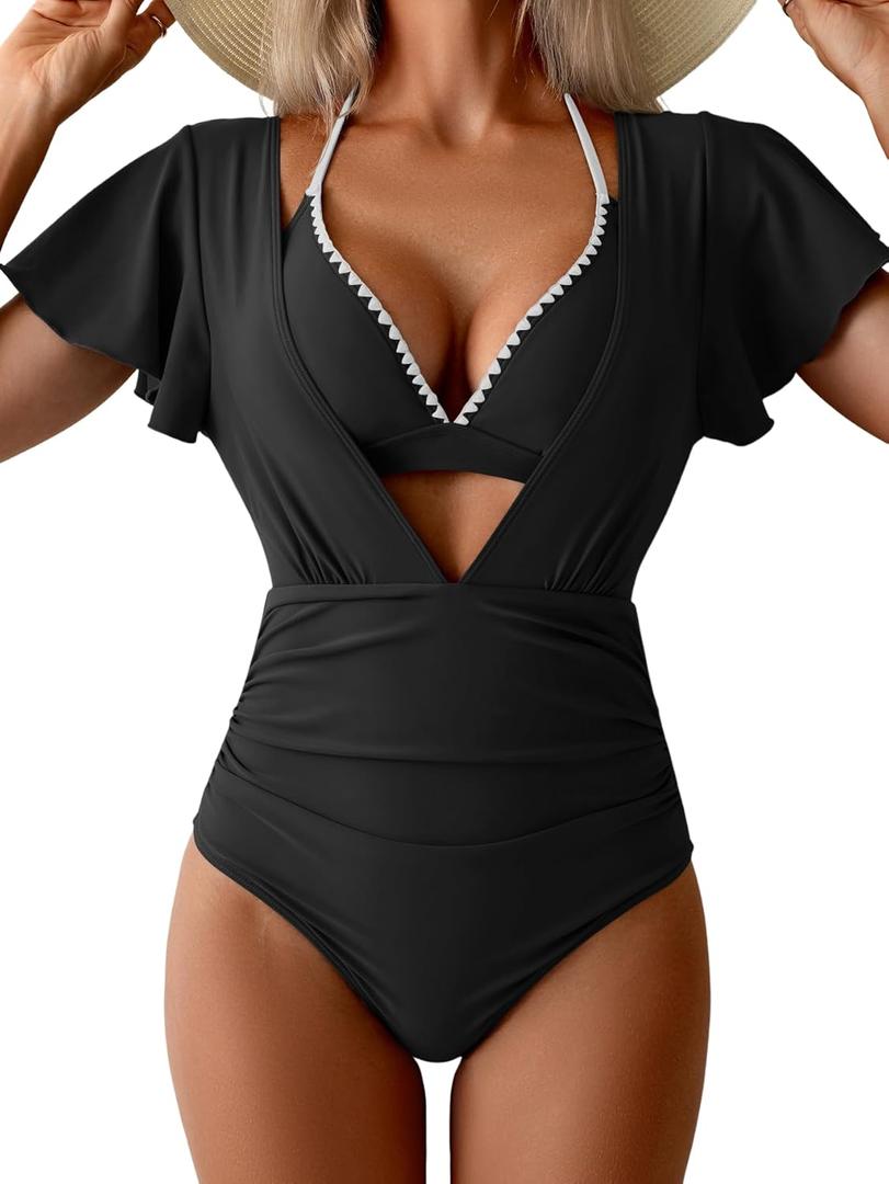 Aidonger Womens Ruffle Swimsuit High Waisted Tummy Control Plunge One Piece Bathing Suit with Halter Bikini Top (Medium, Black)