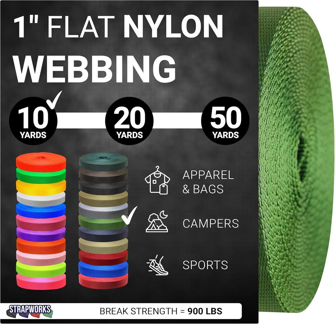Strapworks 1 Inch Heavy Duty Nylon Webbing Strap Roll for Belt, Backpack, Sling, Collar, Leash, Strapping and More, 10, 20, or 50 Yards, Over 20 Colors (Olive Drab)