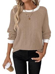 APOOU Womens Long Sleeve Shirts for Women Crewneck Casual Tops Loose Fit Lightweight Sweaters Tunic Fall Fashion 2025 Blouses Clothing Brown Small