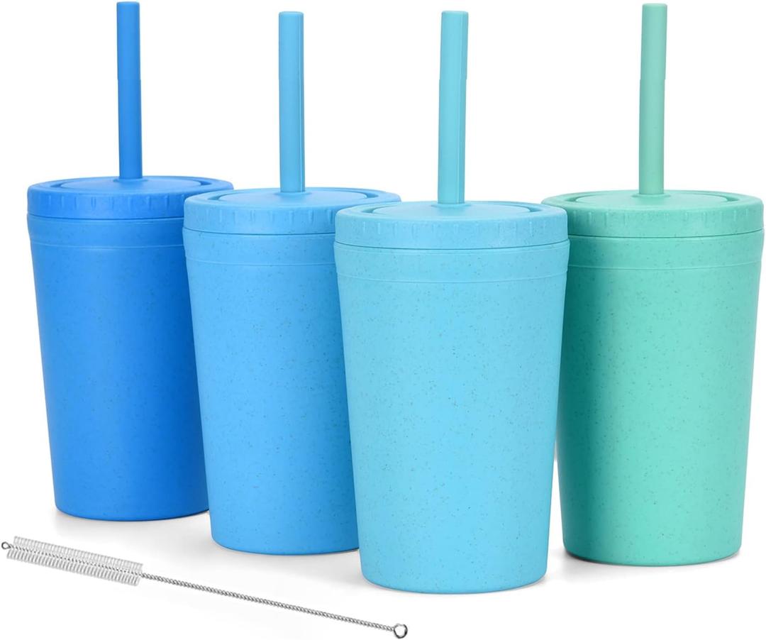 Homestockplus Reusable Wheat Straw Cups with Lid and Straws, 10 Oz Chip Resistant Drinking Cups, Small Water Cups with Silicone Straws - BPA Free Dishwasher Safe for Milk, Drinks, Smoothies (Blue Series)