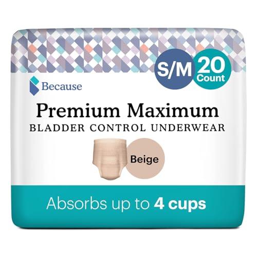 Because Premium Maximum Plus Adult Incontinence and Postpartum Bladder Leak Underwear for Women, Maximum Absorbency, Disposable, Beige, Small/Medium, 20 Count Because Premium Maximum Plus Adult Incontinence and Postpartum Bladder Leak Underwear for Women, Maximum Absorbency, Disposable, Beige, Small/Medium, 20 Count